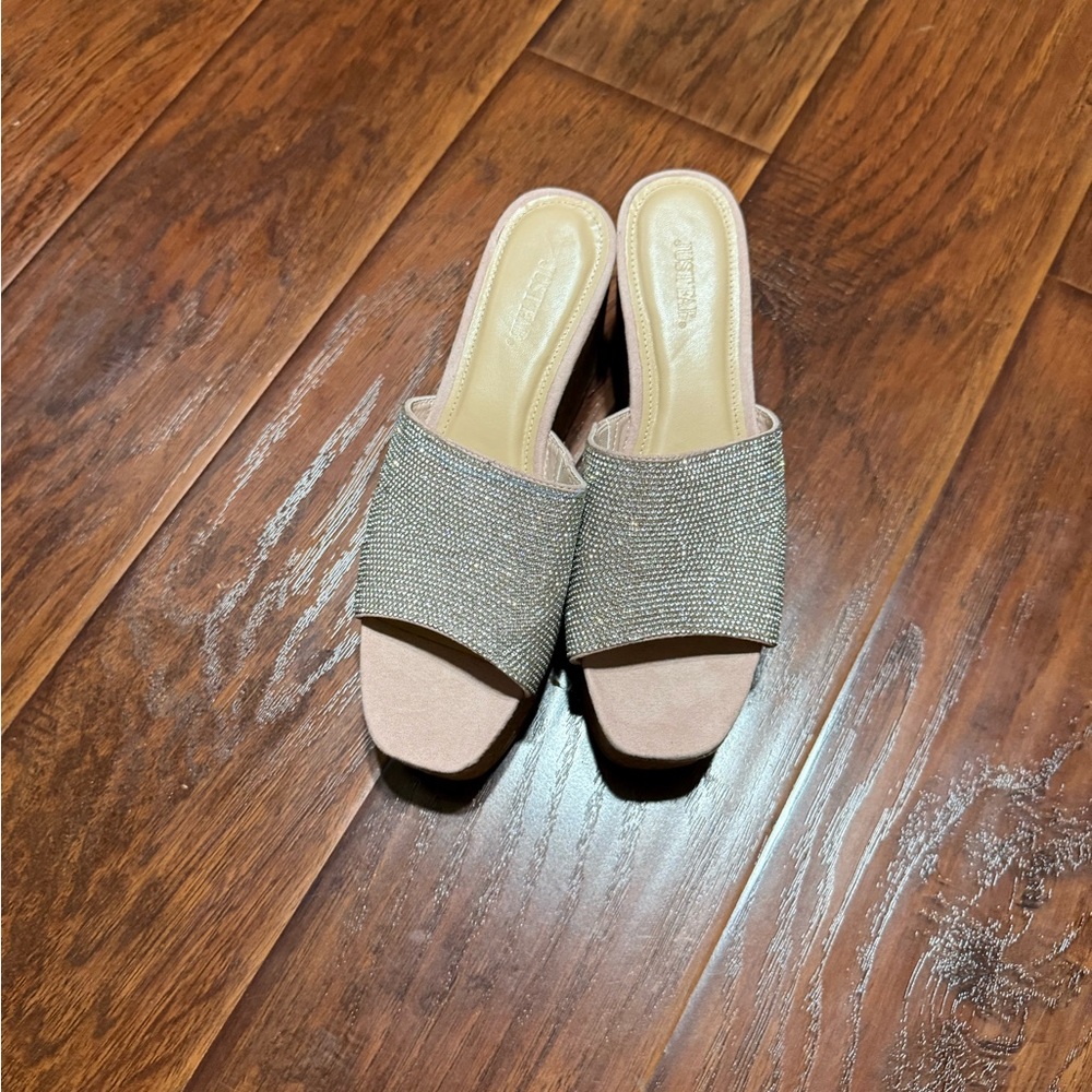 JustFab Sparkling Beige and Pink Mules